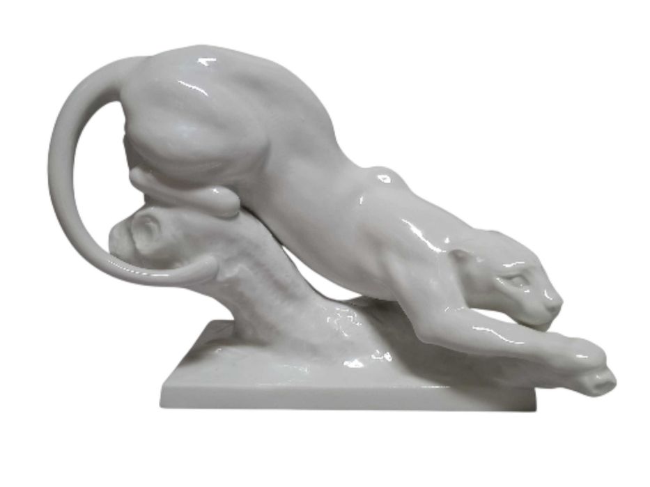 Biała pantera, figurka, proj. Erich Oehme,  Miśnia Meissen