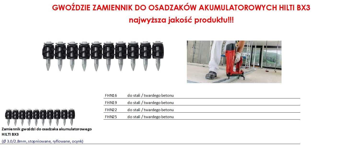 HILTI!Gwoździe 25mm do osadz. AKU. HILTI BX3-najwyższa jakość! 1.000