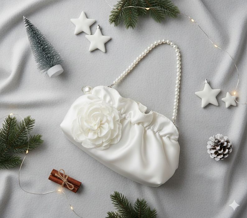 Satynowa torebka ślubna wieczorowa biała z perłową rączką