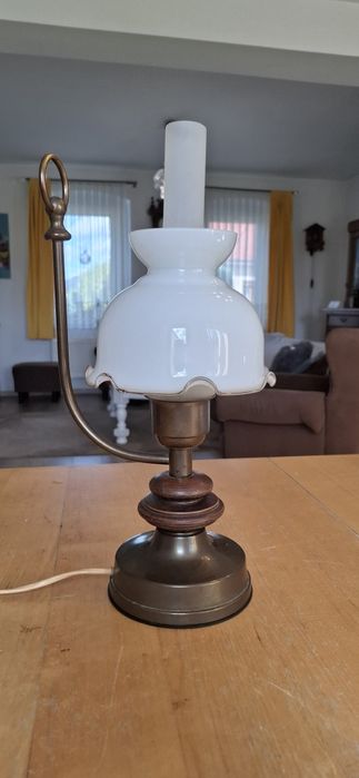 Lampka stylowa mosiądz drewno szkło