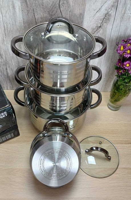 4szt. 6L; 3,5L; 2,5L, 1,8L Soliny Zestaw Garnków z czarnymi Uchwytami