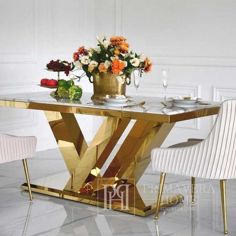 Ekskluzywny stół glamour do jadalni z białym konglomeratem, złoty