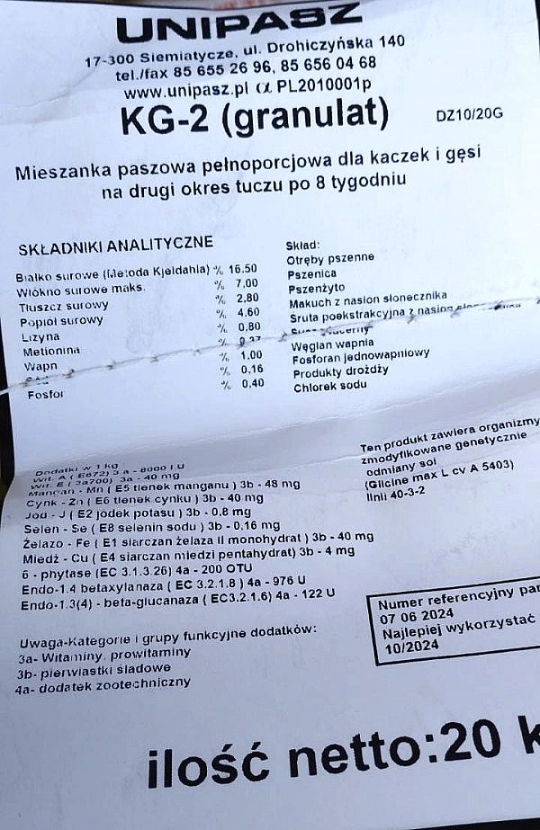 Pasza karma KG-2 dla kaczek gęsi od 8 tyg. życia granulat 20kg UNIPASZ