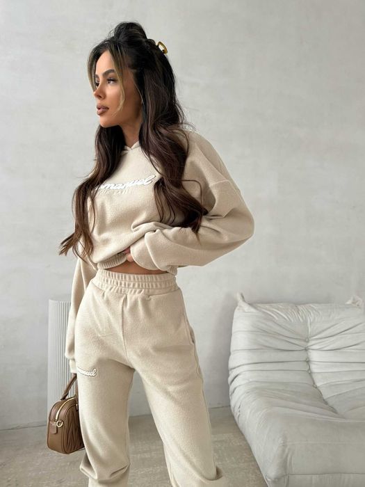 Komplet beż fine line La Manuel z kapturem, dres miś M/L