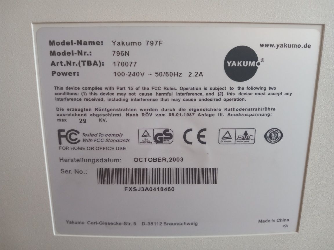 Monitor CRT kineskopowy Yakumo