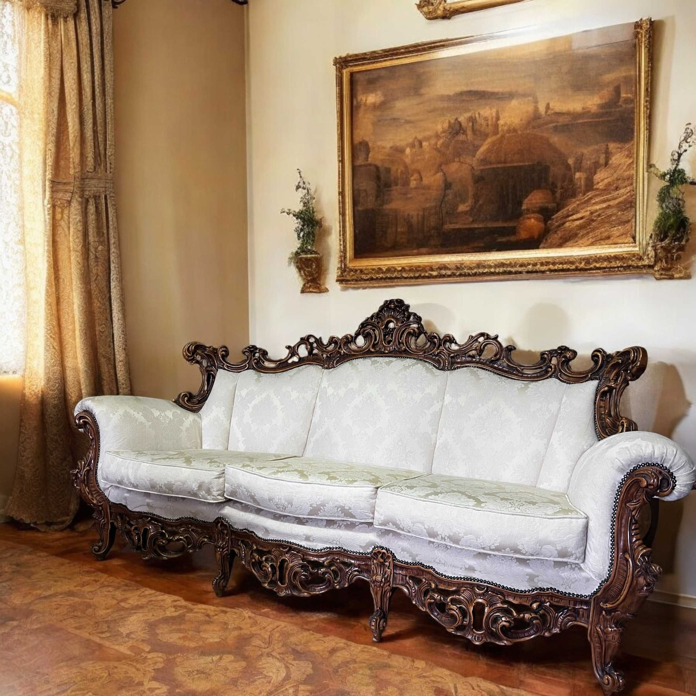 Rzeźbiony Zestaw Wypoczynkowy Sofa i 2 fotele Włoski