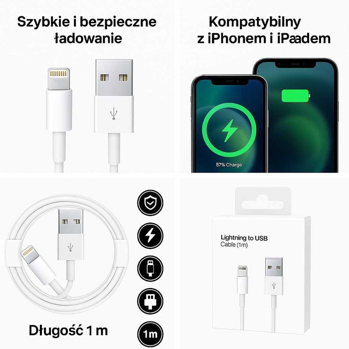 Kabel do Ładowania IPhona 1m 7,8,X,11,12,13 USB-A Lightning Ładowarka