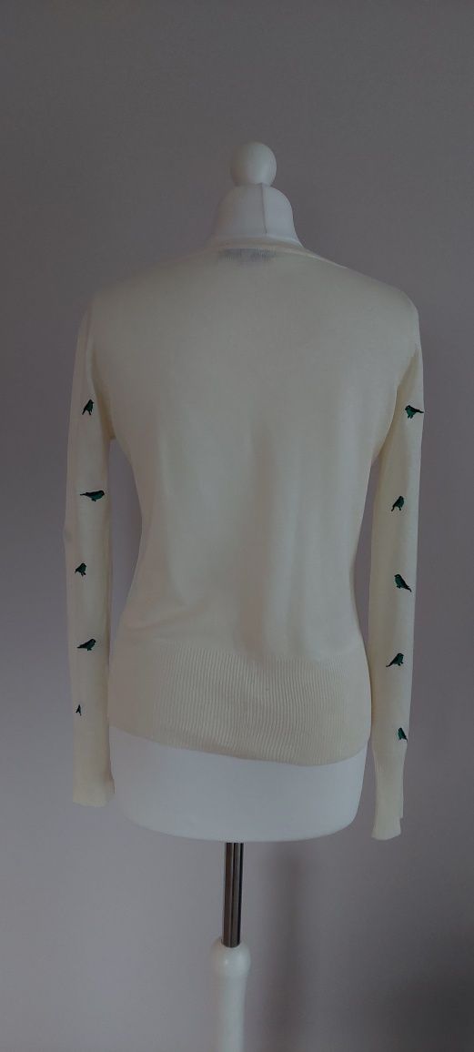 Peacocks r.38 uroczy sweterek rozpinany w ptaki/ptaszki