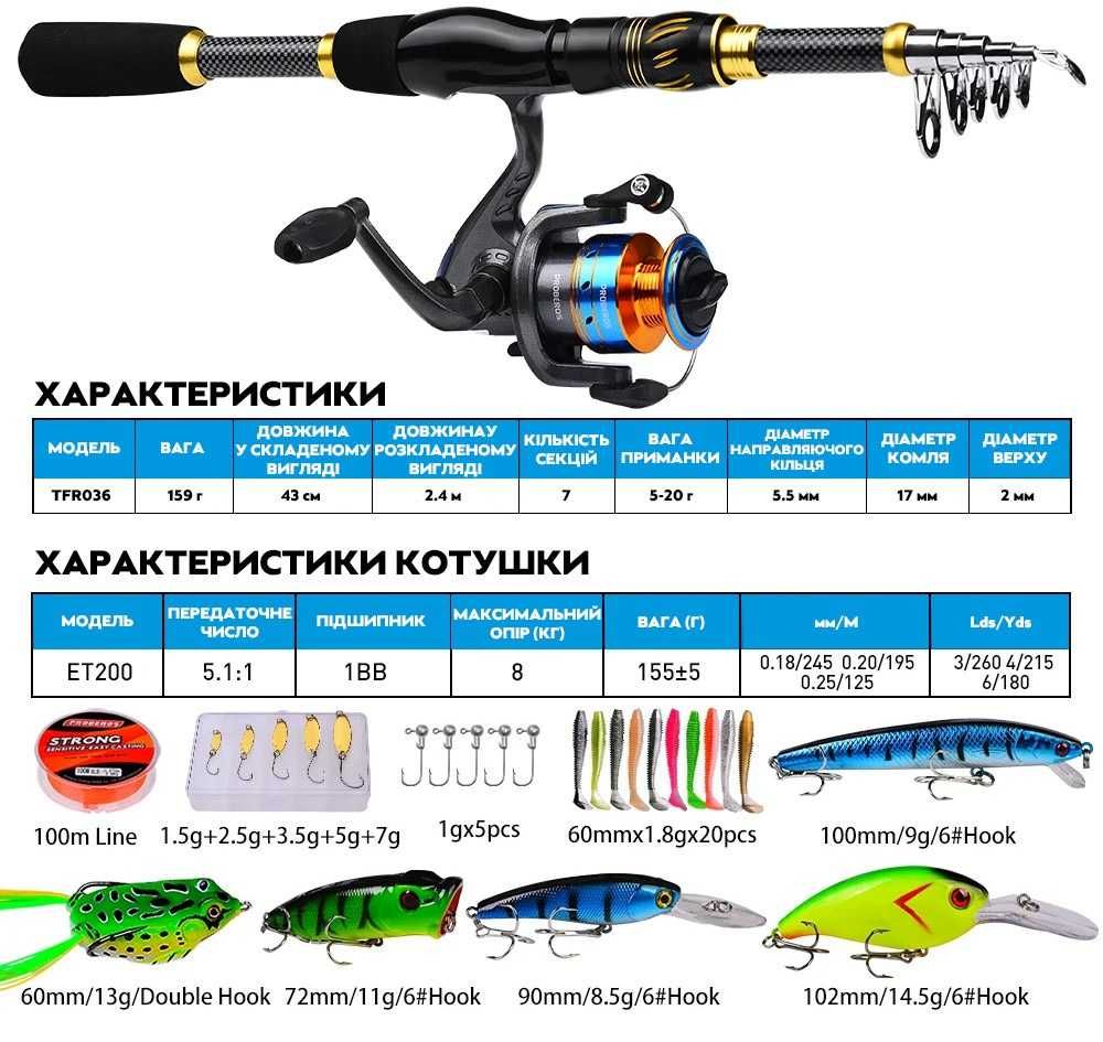 Набор для рыбалки TFR036 с приманкой, крючками, сумкой, удочкой 2,4м