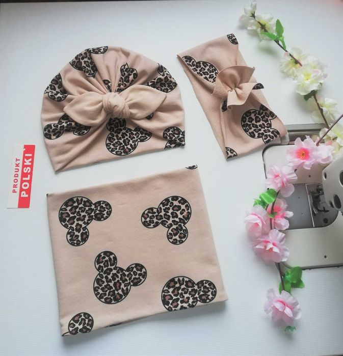 -- Czapka turban z kokardą + komin + szeroka opaska turbanowa --