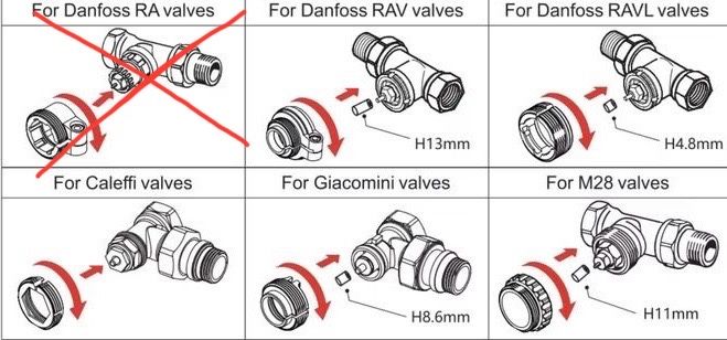 Adaptery Danfoss, Meross, RA RAV /L Herz Comap M28x1,5 Caleffi M30x1,5