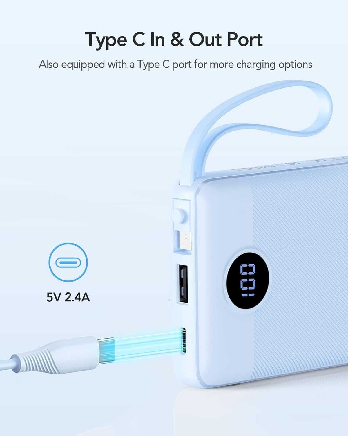 Power Bank VRURC 10 000 mAh PD/QC 20 W, 5 portów, wbudowane kable, LED