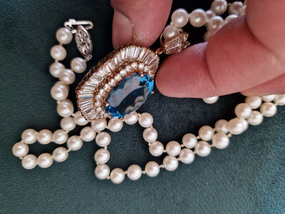 Luksusowy naszyjnik z topazem i diamentami – złoto, perły, certyfikat!