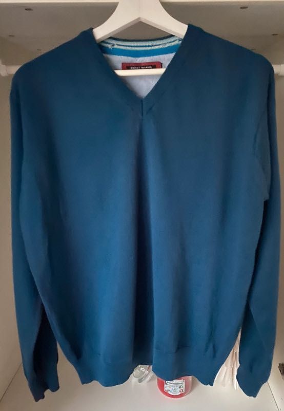 Coney Island sweter męski turkusowy zimowy Merino niebieski wool wełna