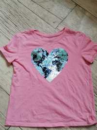 Różowa bluzeczka z krótkim rękawem cekiny serce Gap 140/146