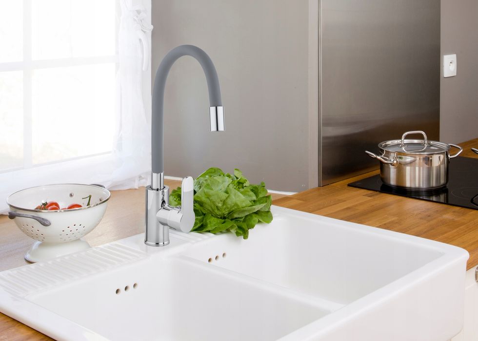 Bateria Kuchenna Stojąca Elastyczna Gietka Szara Wylewka Kran Zlewu