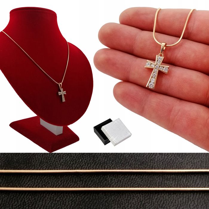 Złoty Łańcuszek Żmijka 45cm Krzyżyk Cyrkonie 18k