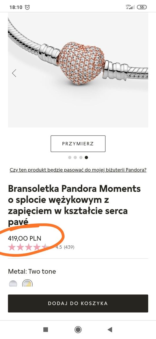 Bransoletka Pandora NOWA Moments z zapięciem serce pave ALE S925 18cm