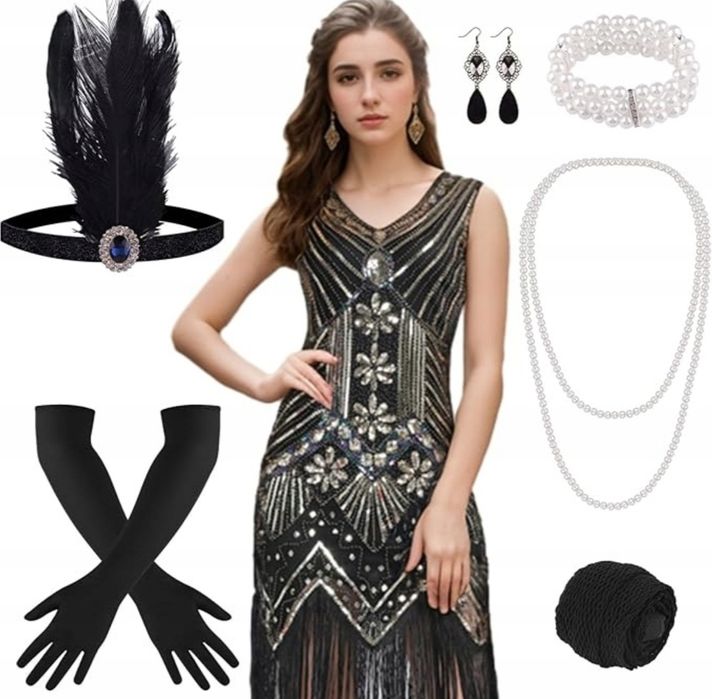 Sukienka czarna z cekinami zlotymi lata 20