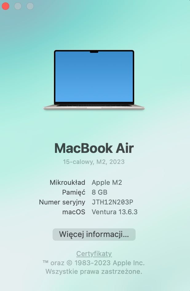  MacBook Air M2 A2941 8 GB 256 SSD idealny 2023 gwarancja 