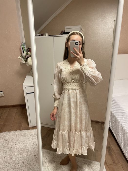 Сукня шифонова бежева квіткова, s, осінь- літо з довгим рукавом