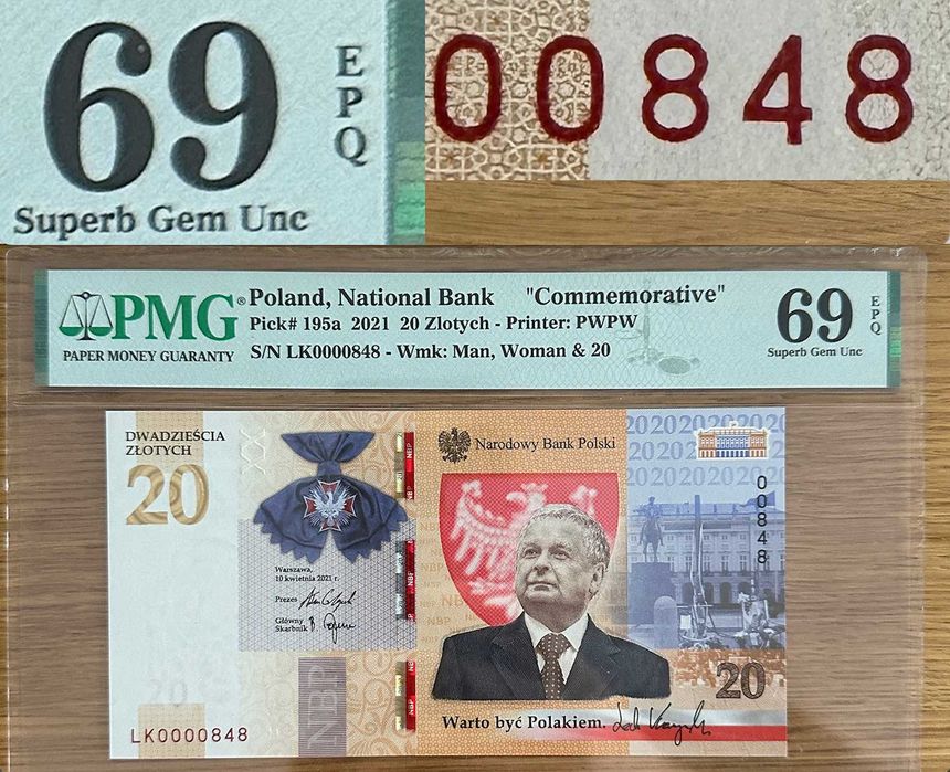 20 zł Kaczyński niski numer 848 PMG 69 EPQ banknot kolekcjonerski 2021