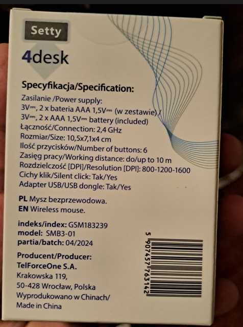 Mysz bezprzewodowa SETTY 4DESK - 6 przycisków, 1600DPI, cichy klik