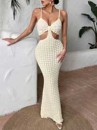 Sukienka Sexy Syrena Teksturowana Beżowa Z Wycięciem W Talii Shein S