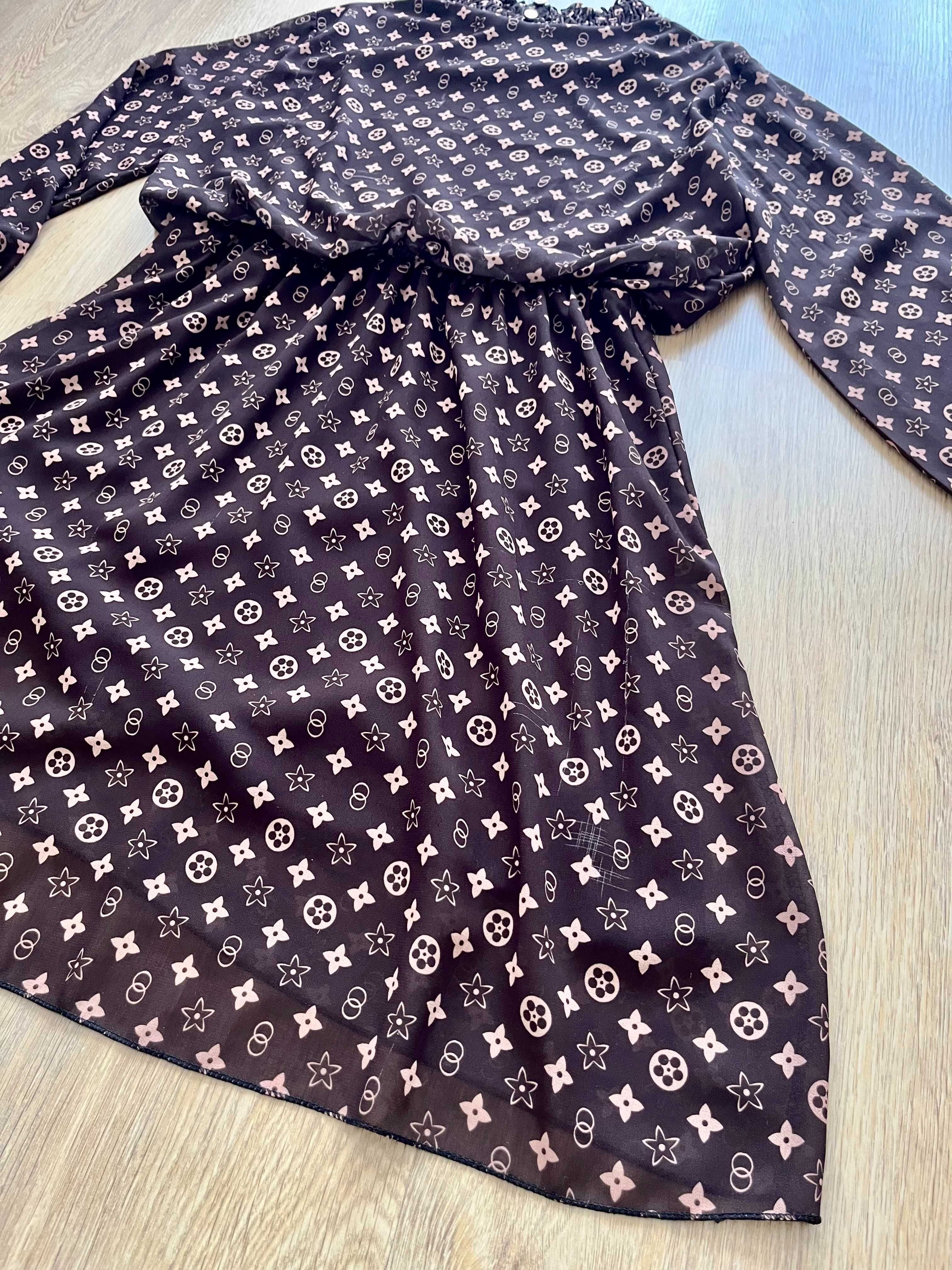 Sukienka długi rękaw luźna taliowana print wzorki brązowa butik casual