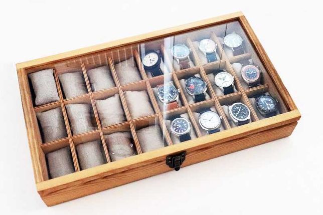 Skrzyneczka kasetka etui na 24 zegarki drewno ręcznie robiona