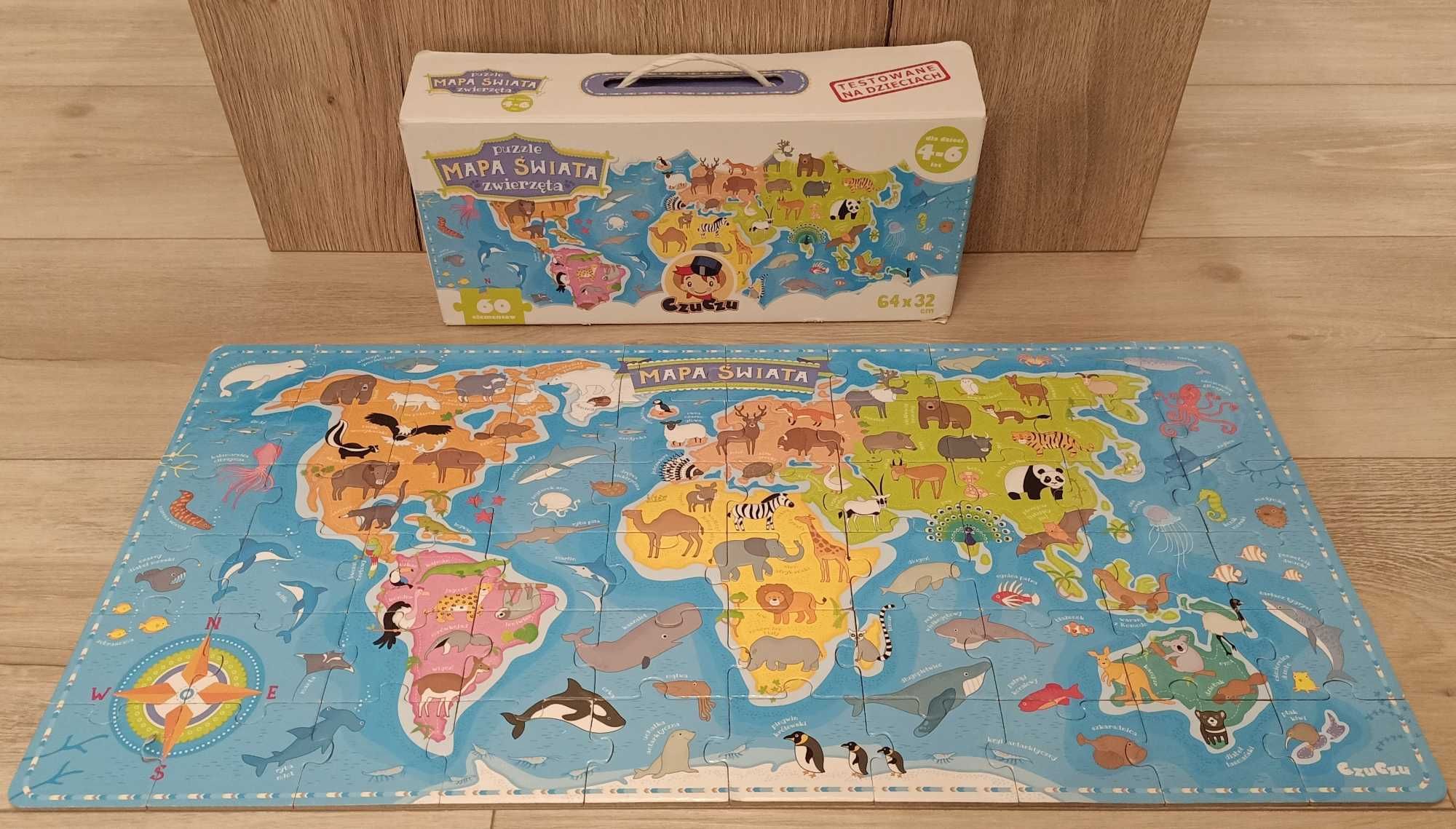 CzuCzu Puzzle Mapa świata zwierzęta 60 elementów 64x32 cm