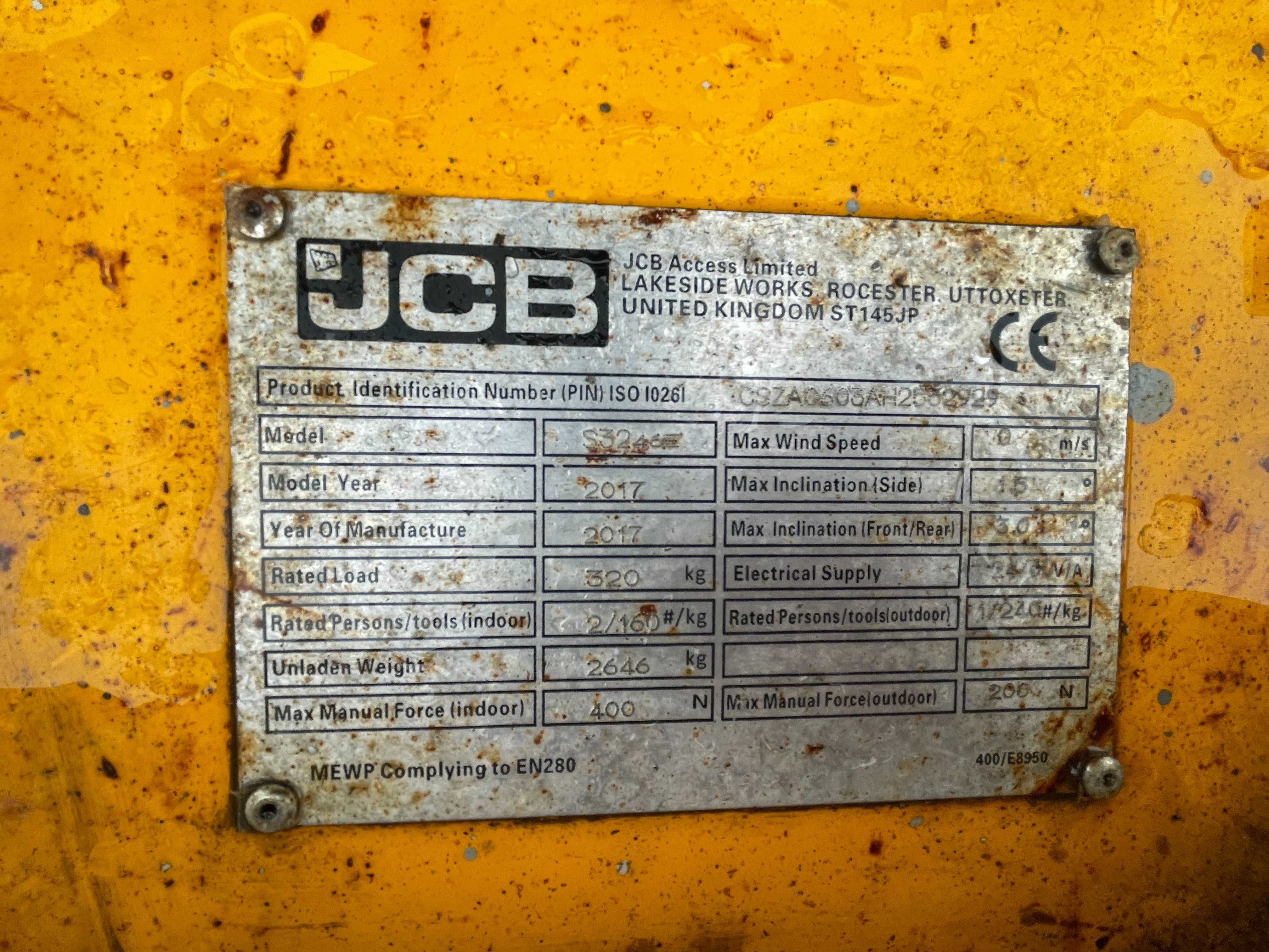 JCB S3246E 12m Zwyżka podnośnik nożycowy elektryczny 230V koszowy 2017