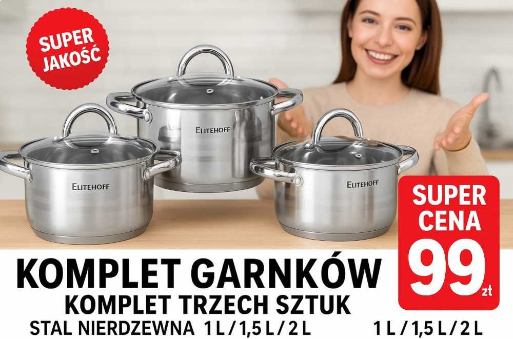 Komplet garnków 3 szt. stal nierdzewna 1L 1,5L 2L potrójne dno