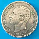 5 Pesetas de 1885 Espanha Rei Afonso XII (Moeda Falsa da Época)