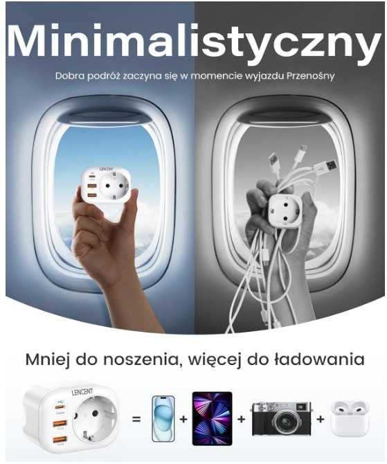 Zestaw 2 adapterów podróżnych USA na EU 4 w 1 QuickCharge LENCENT