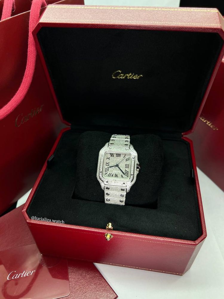 Новые Часы Cartier Santos Medium Сталь Бриллианты 13.5ct 35x42mm