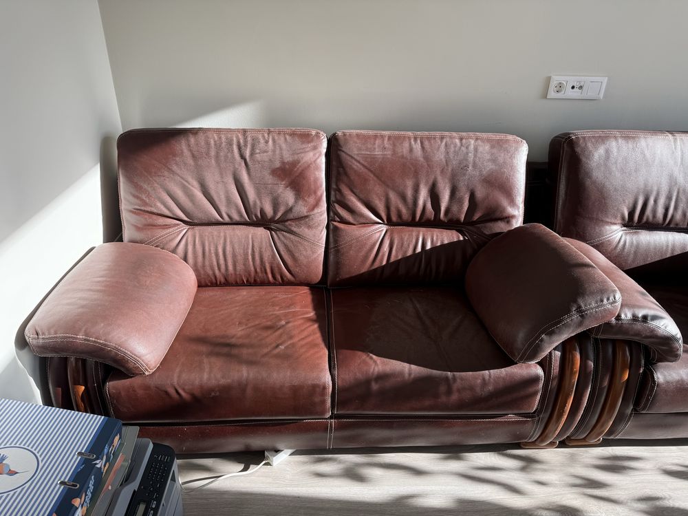 Sofas em pele com estrutura de madeira