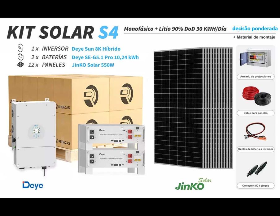 Kit de lítio Deye S4 30 kWh/dia com bateria 90% DOD de 10,24 kWh