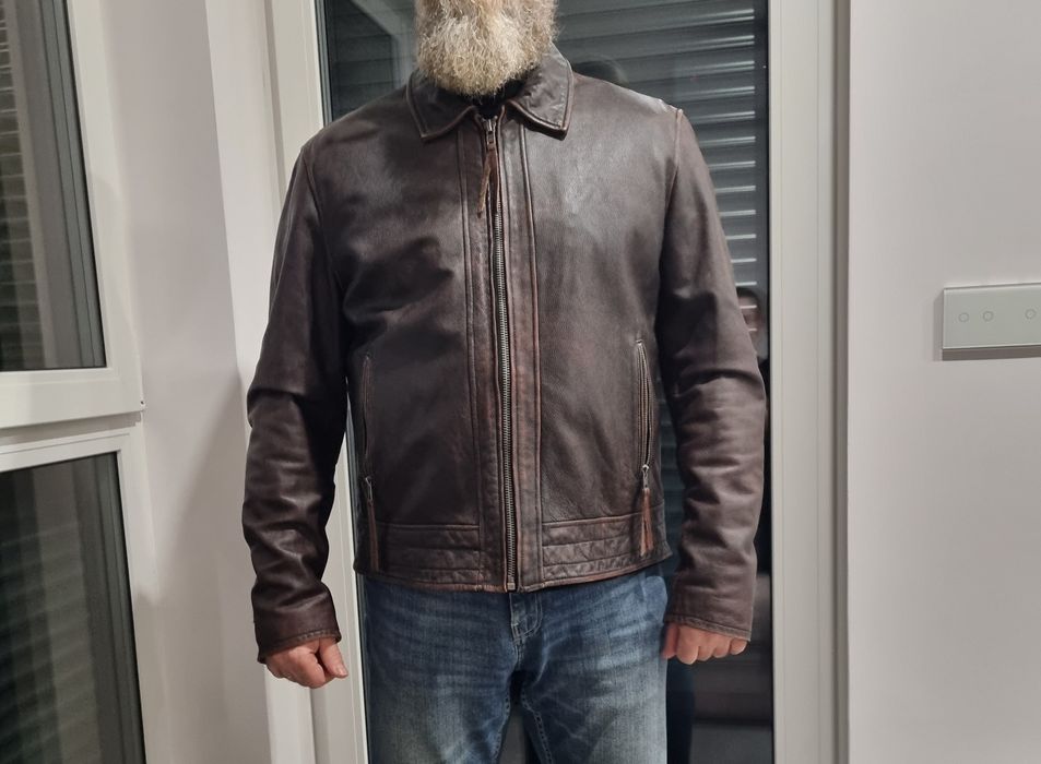 Skórzana kurtka motocyklowa, męska, brązowa skóra, rozmiar L/XL,