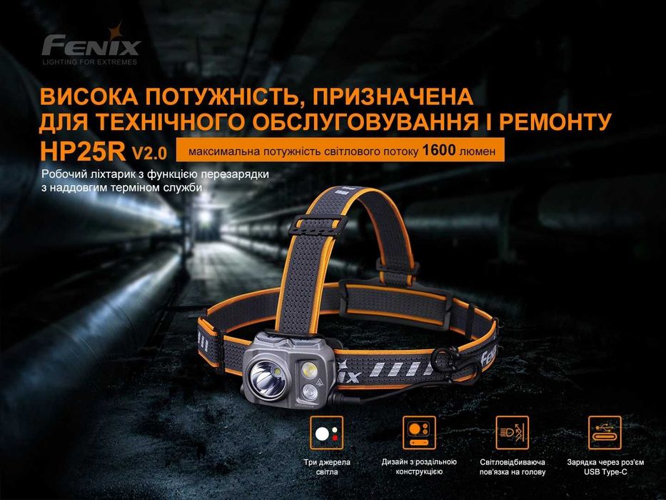 Fenix HP25R V2.0 Налобний Ліхтар (1600 Люмен 260 Мет) ГАРАНТІЯ 5 РОКІВ