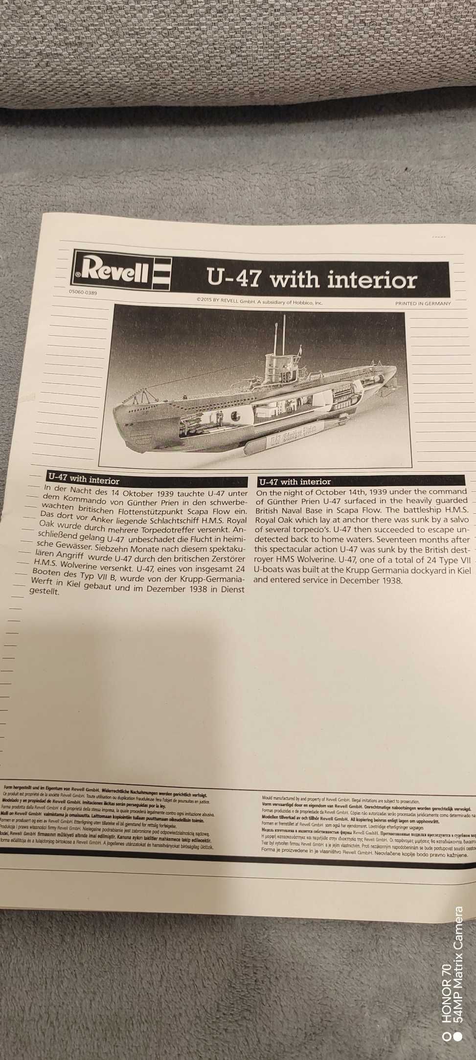 Revell  model okrętu podwodnego U-boot U 47 with interior skala 1:125