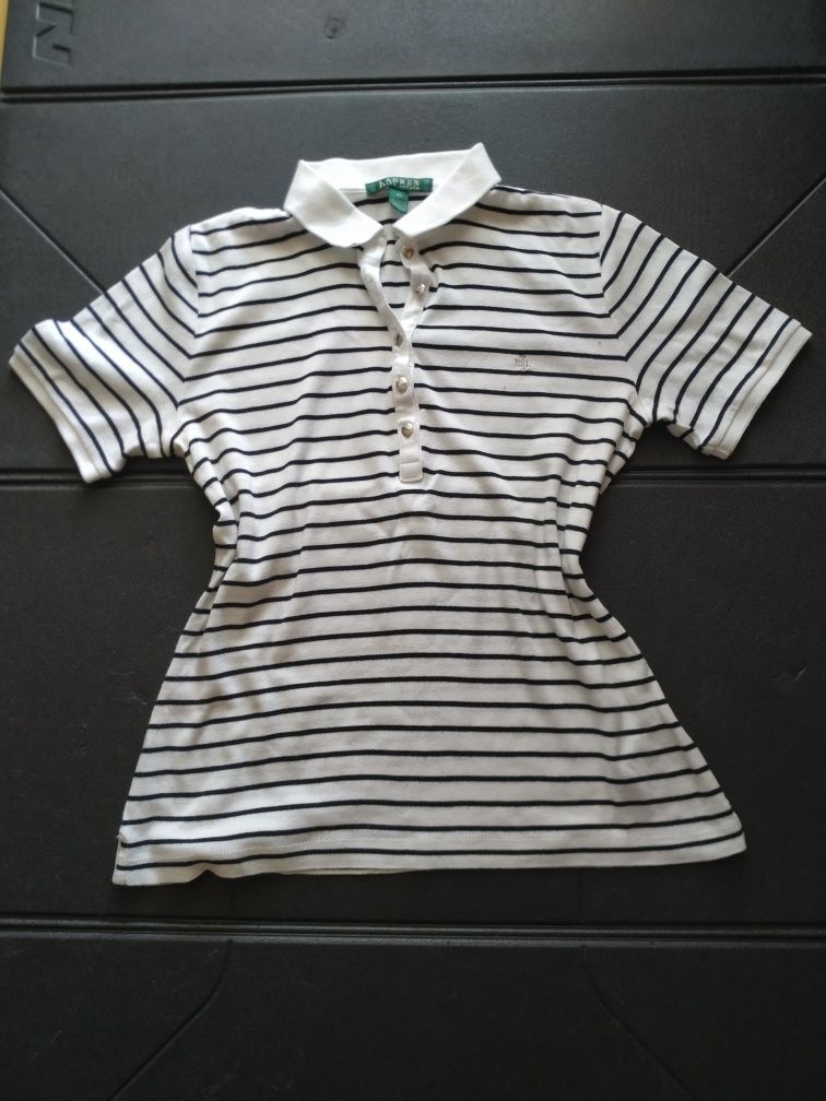 Damska koszulka,polo, Ralph Lauren, zielona metka, XS, biała w paski