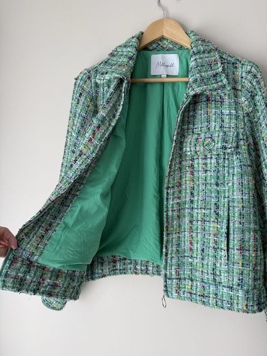 Zielona kurtka haftowana Mellowfield szydełkowa z wełną L bomberka