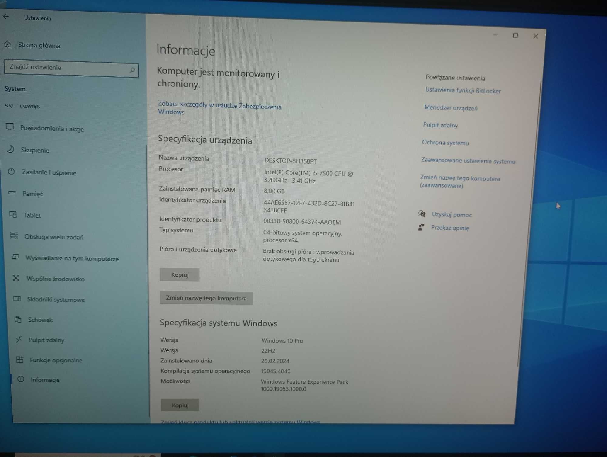 Komputer 21,5 cala AIO Lenovo ThinkCentre M810z All-in-One i5-7500 8GB