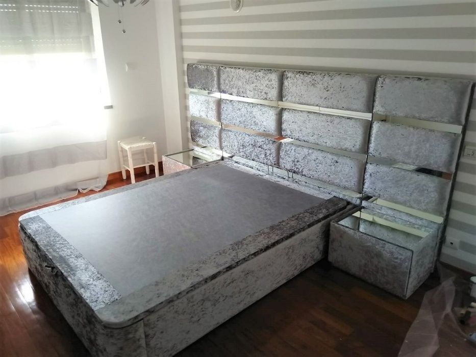 Cama casal estofada + 2 mesas cabeceira -  NOVO - FABRICA