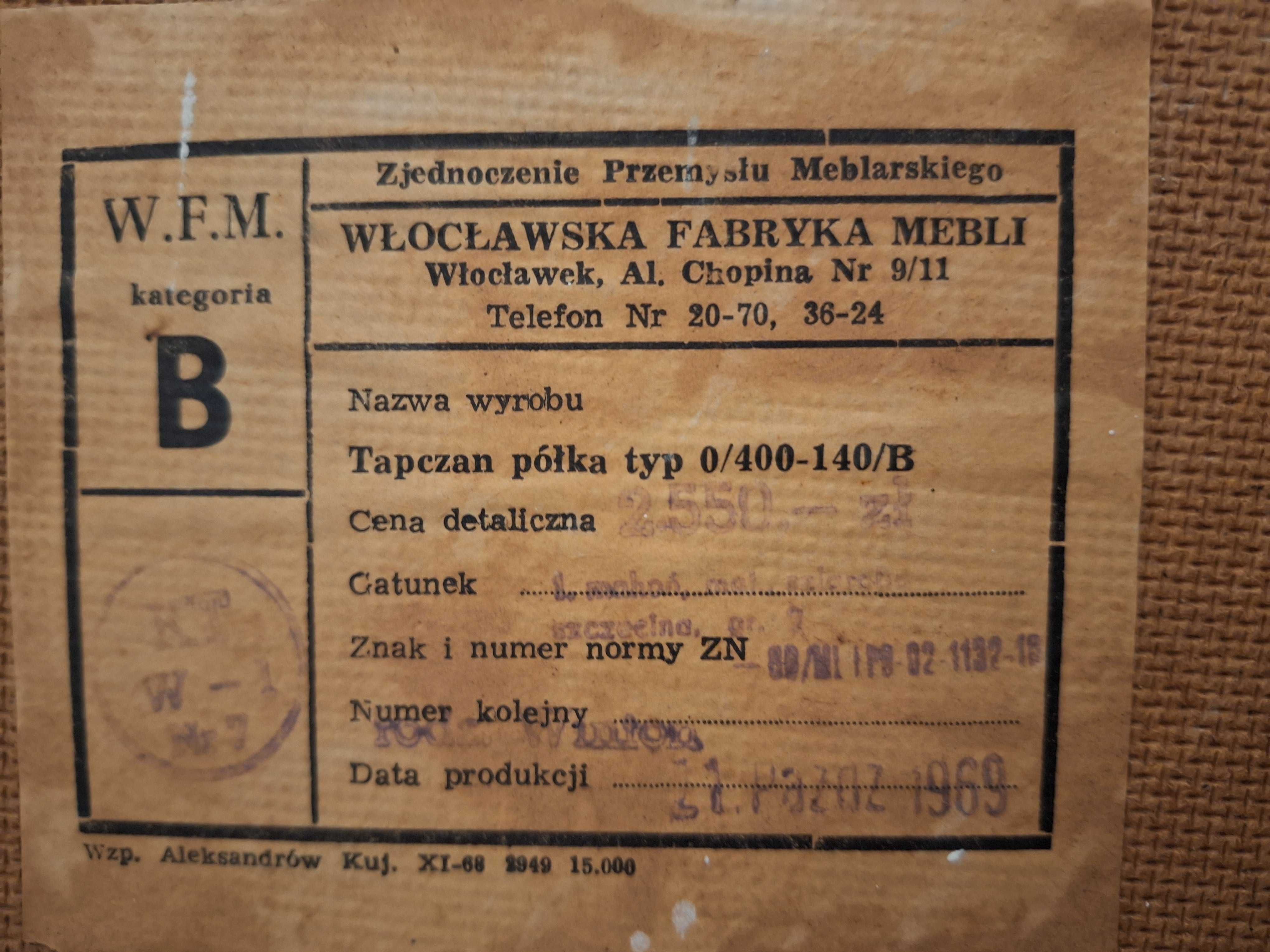Półkotapczan PRL 1969 r. (oryginalna etykieta!) tapczan sofa