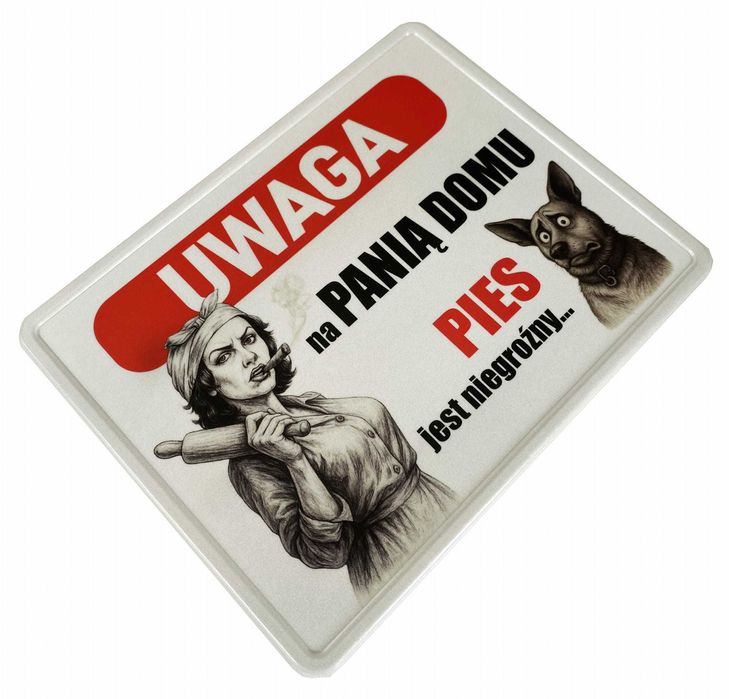 Tabliczka UWAGA na PANIĄ DOMU, pies niegroźny | Na bramę| Do domu