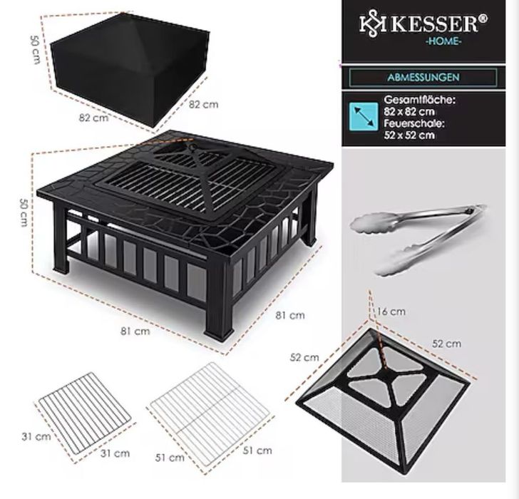 Palenisko KESSER® z rusztem i szczypcami do grilla, misa paleniskowa