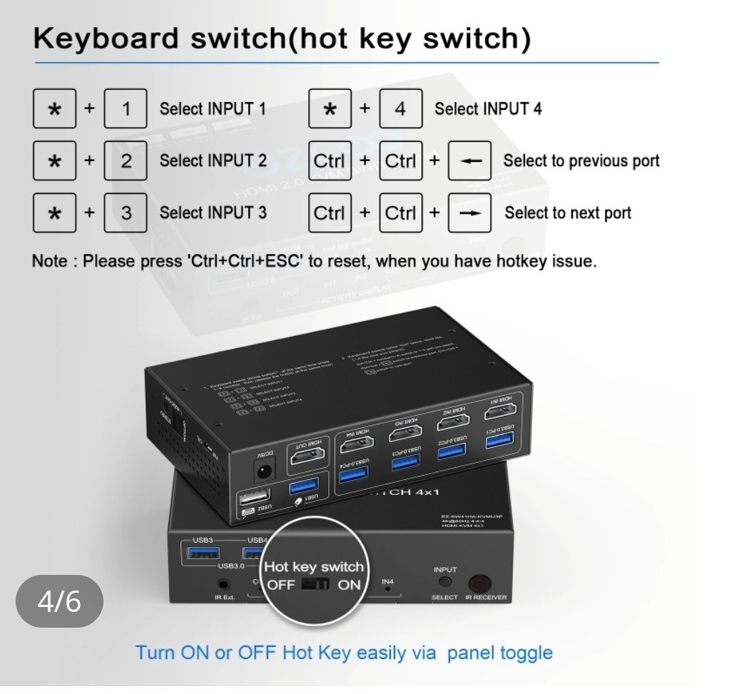 EZCOO USB 3.0 KVM-перемикач HDMI 4 комп’ютери 1 монітор 4K 60 Гц – SPD
