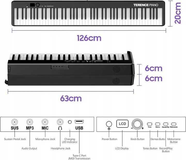 Keyboard TERENCE X88C Klawiatura fortepianowa składana 88 klawiszy MID